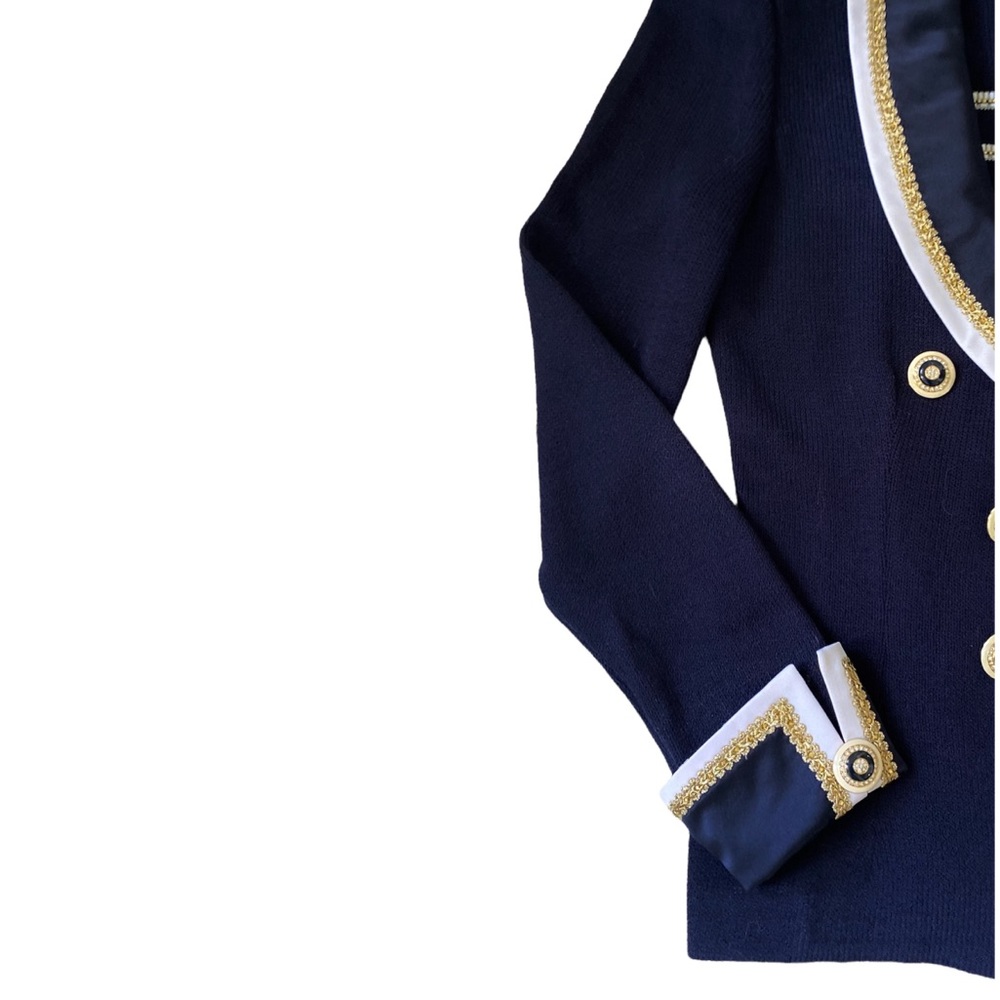 St. John Evening Navy with Satin & Gold Trim French Cuff Knit Jacket, Size 2 - Picture 3 of 8